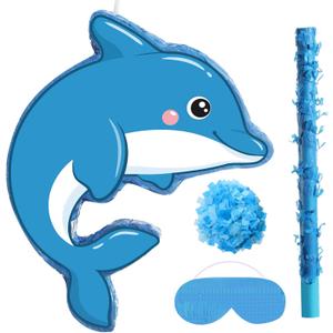 Small Dolphin Piata Under the Sea Piata with Blindfold Bat and Confetti for Kids Dolphin Piata Ocean Dolphin Piata Decorations for Kids Birthday Party Baby Shower Supplies, 16 x 12.6 x 3"