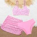 QJQ Girl's 3 Piece Floral Swimsuit Cute V Neck Bikini Set High Waisted Bathing Suit Sheer Mesh Cover Up Skirt (Pink), 16 Years