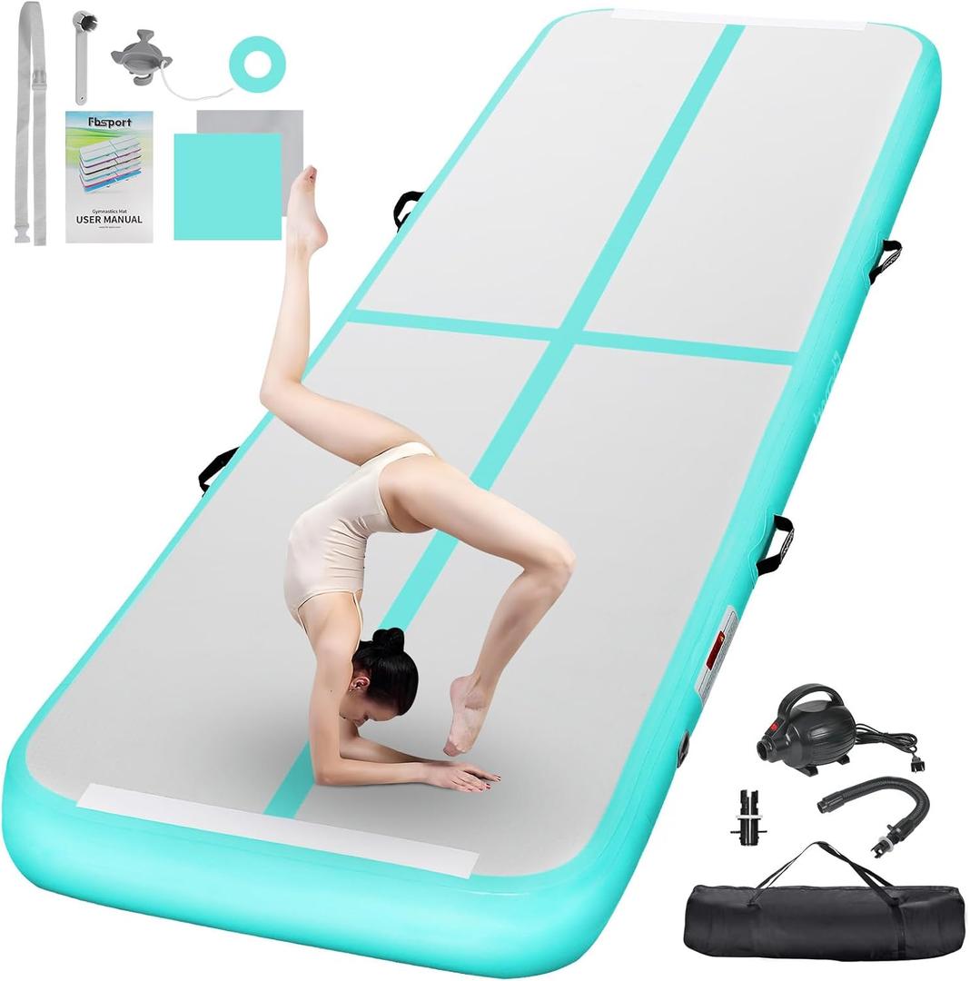 FBSPORT Inflatable Air Gymnastics Mat Training Mats 4/8 inches Thickness Gymnastics Tracks for Home Use/Training/Cheerleading/Yoga/Water with Pump (10ftL*6.6ftW*8inH(Width 6.6ft), light green)