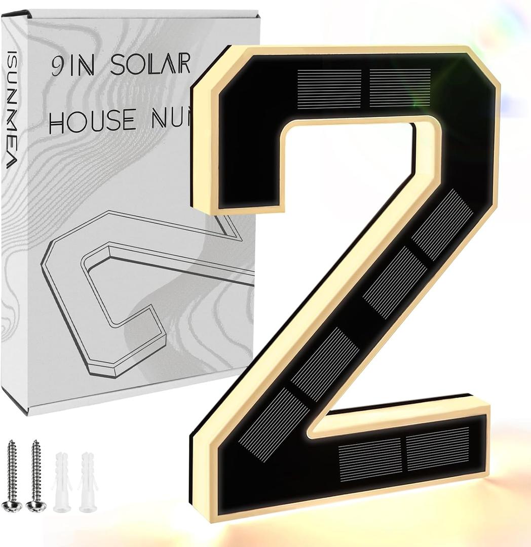 ISUNMEA 9 Inch Solar Lighted House Numbers for Outside, Light Up Waterproof LED Address Numbers Signs for Houses, Large Personalized Illuminated Exterior Modern House Numbers Light (2-Black, 9IN)