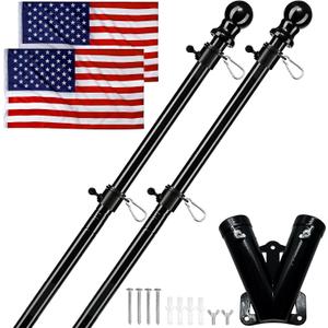 Flag Pole Kit for Outside House with American Flag, Black Flagpoles Residential Kit with 6FT Tangle Free Metal Flag Poles*2, 3x5 Embroidered US Flag*2 & Double Holes Flag Holder Bracket*1