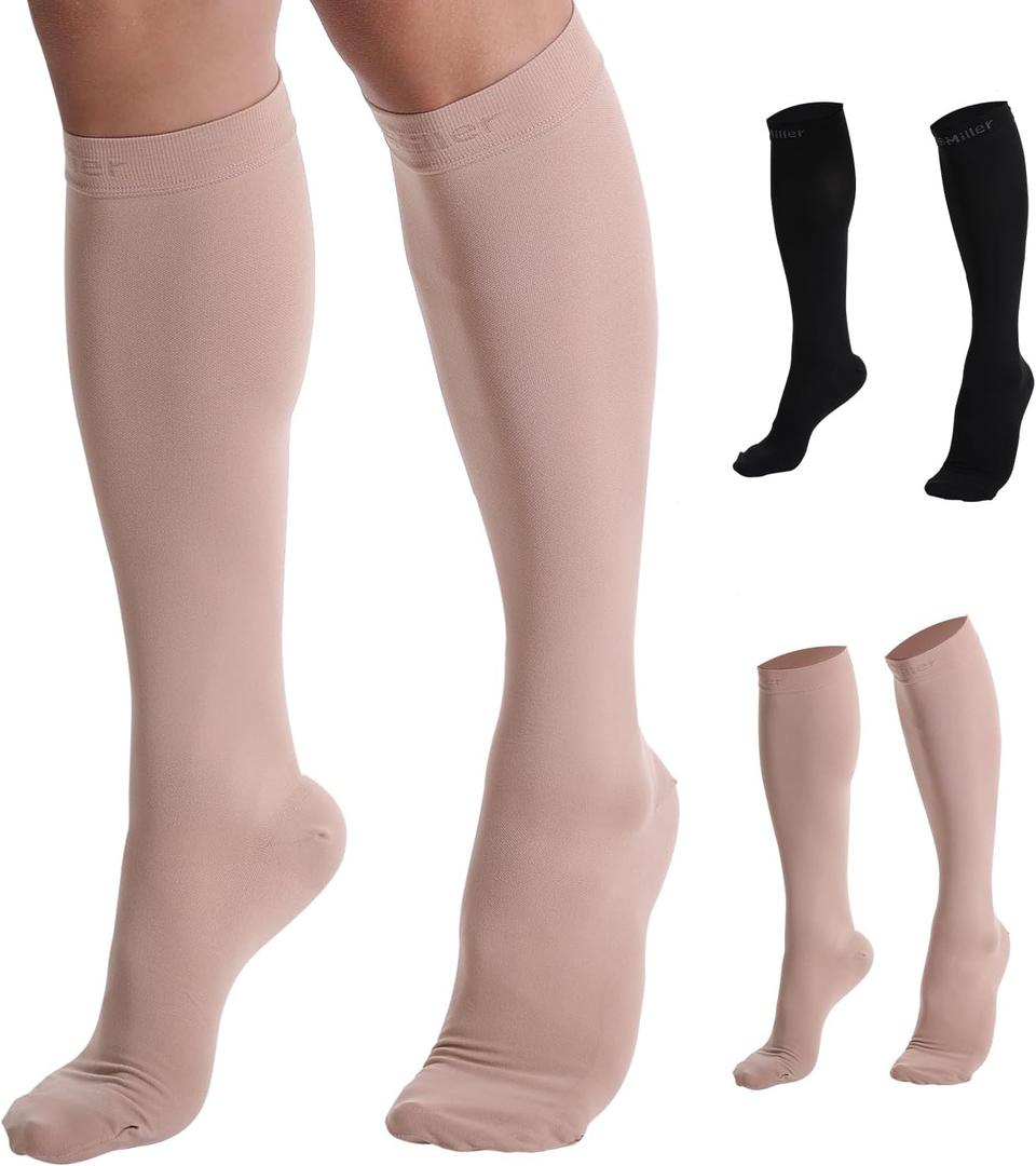 Doc Miller Compression Socks, 30-40 mmHg Medical Grade Closed Toe Socks for Circulation, Shin Splints, Varicose Veins, and Calf Recovery - Knee High Support for Men & Women - Large Size, Skin/Nude