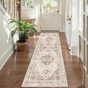 2x6 Hallway Washable Runner Rug Vintage Non-Slip Soft Kitchen Mat Boho Medallion Distressed Farmhouse Carpet Floral Low Pile Indoor Throw Rug for Entryway Bathroom Living Room Bedroom, Taupe