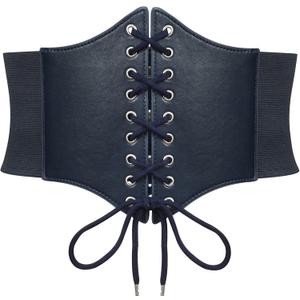 SUOSDEY Black Corset Belt for Women, Vintage Lace-up Elastic Waist, Tied Waspie Wide Belt for Halloween Costume (XS: Waist Size 26''-29'', 16-navy)