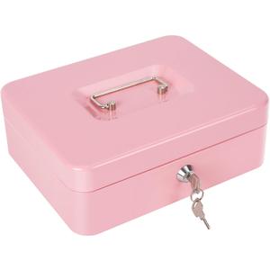 Cash Box with Lock and Money Tray Metal Money Box Large Cash Lock Box for Money 9.84" x 7.87" x 3.54" Pink