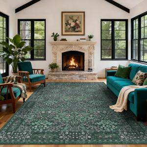 Washable Area Rug 9x12 Living Room Rug,Dark Green Rug for Dining Room Entryway Bedroom Farmhouse Nursery Home Office,Low Pile Stain & Slip Resistant Large Carpet for Bedroom
