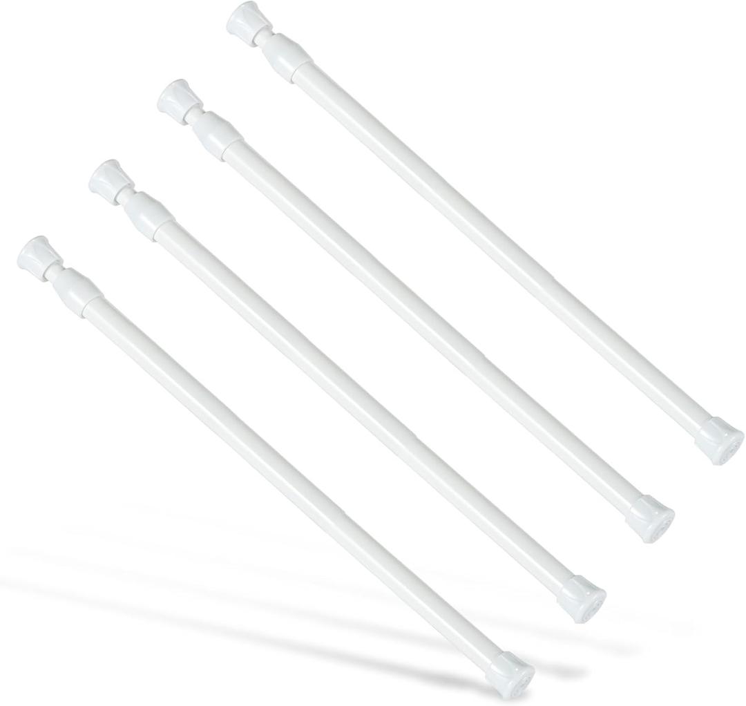 4 Pcs Goowin Tension Curtain Rod, No Drilling Spring Rod Short Tension Rod, Rustproof Small Mini Thin Tension Rods for Closet, Cabinets, Cupboard, Kitchen (White, 16-28 inch)