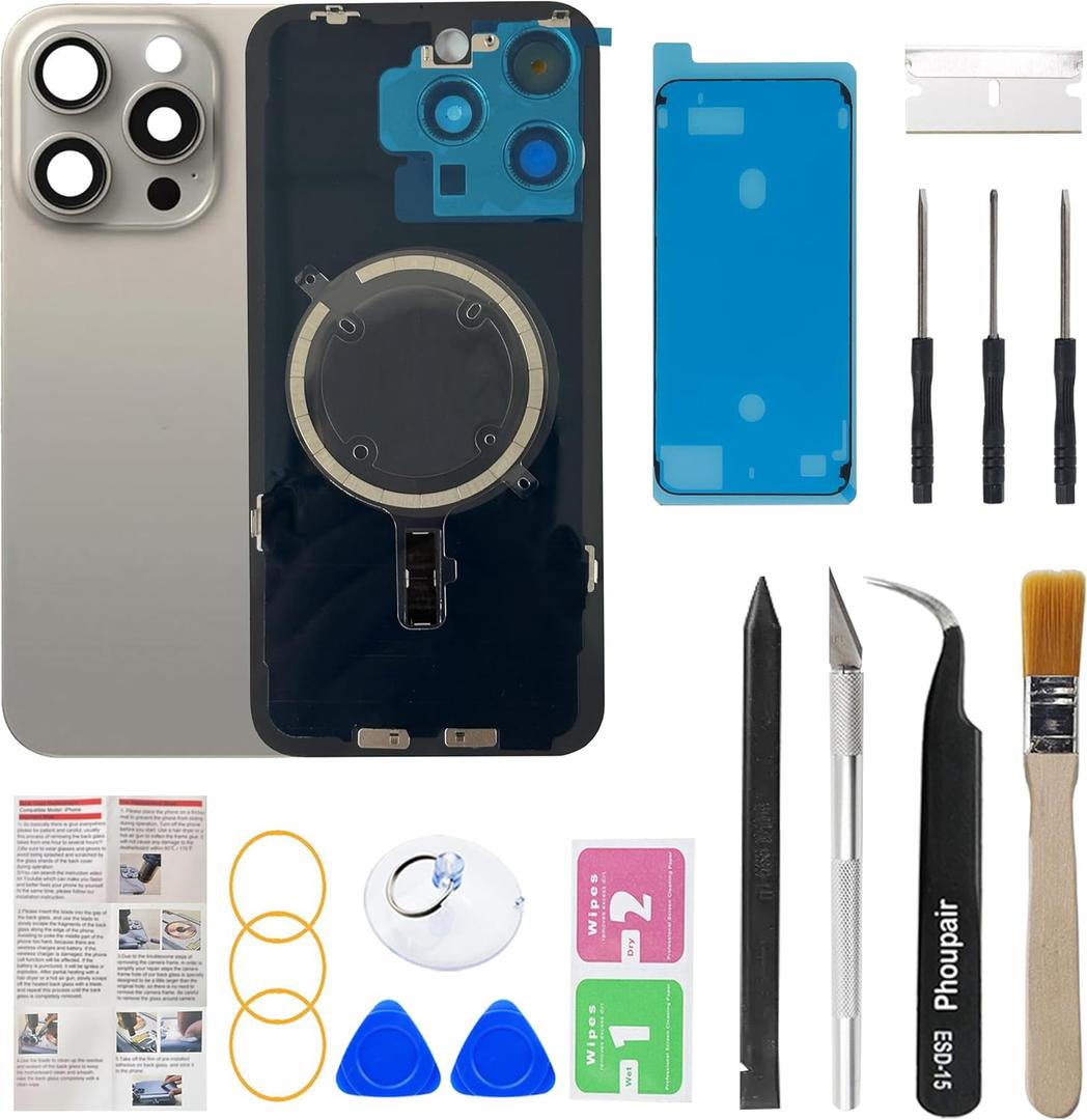 OEM Back Glass Replacement Compatible with iPhone 15 pro 6.1 Inches with Camera Frame and Camera Lens + Professional Repair Tool Kit and Installation Instruction (Natural Titanium)
