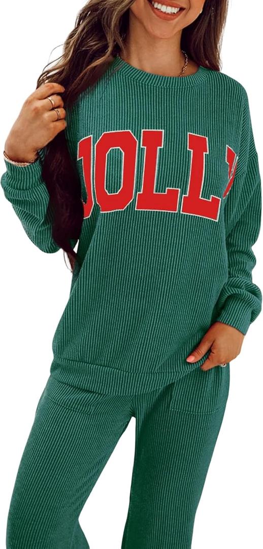 SELINK Christmas Pajamas for Women JOLLY Corded Long Sleeve Top and Pants Matching Lounge Set with Pockets (Medium, Green)