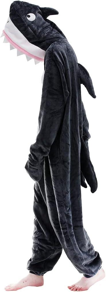 Snug Fit Unisex Adult Onesie Pajamas, Flannel Cosplay Animal One Piece Halloween Costume Sleepwear Home wear (Medium, Shark)