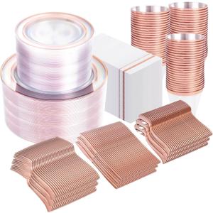 GATHER 700PCS Rose Gold Plastic Plates - Clear Rose Gold Rim Disposable Dinnerware Set Includes 200 Plates, 300 Silverware, 100 Napkins, 100 Cups for Party & Wedding