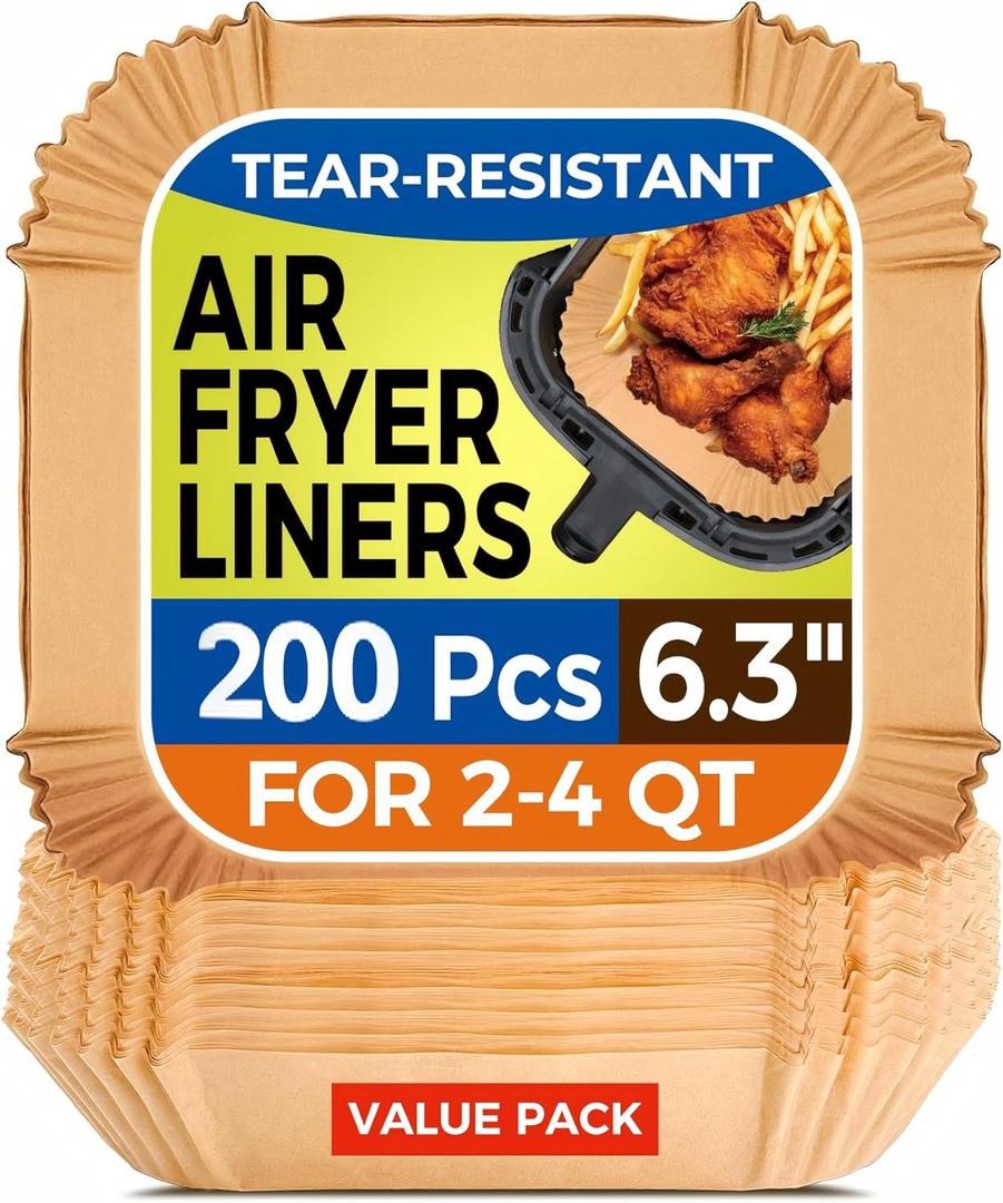 Air Fryer Paper Liners, 200pcs Air Fryer Liners Disposable, 6.3" Square Baking Liner for 2-4 qt Airfryer Basket, Non-stick and Oil Proof Parchment Paper for Oven, Pans & Baking