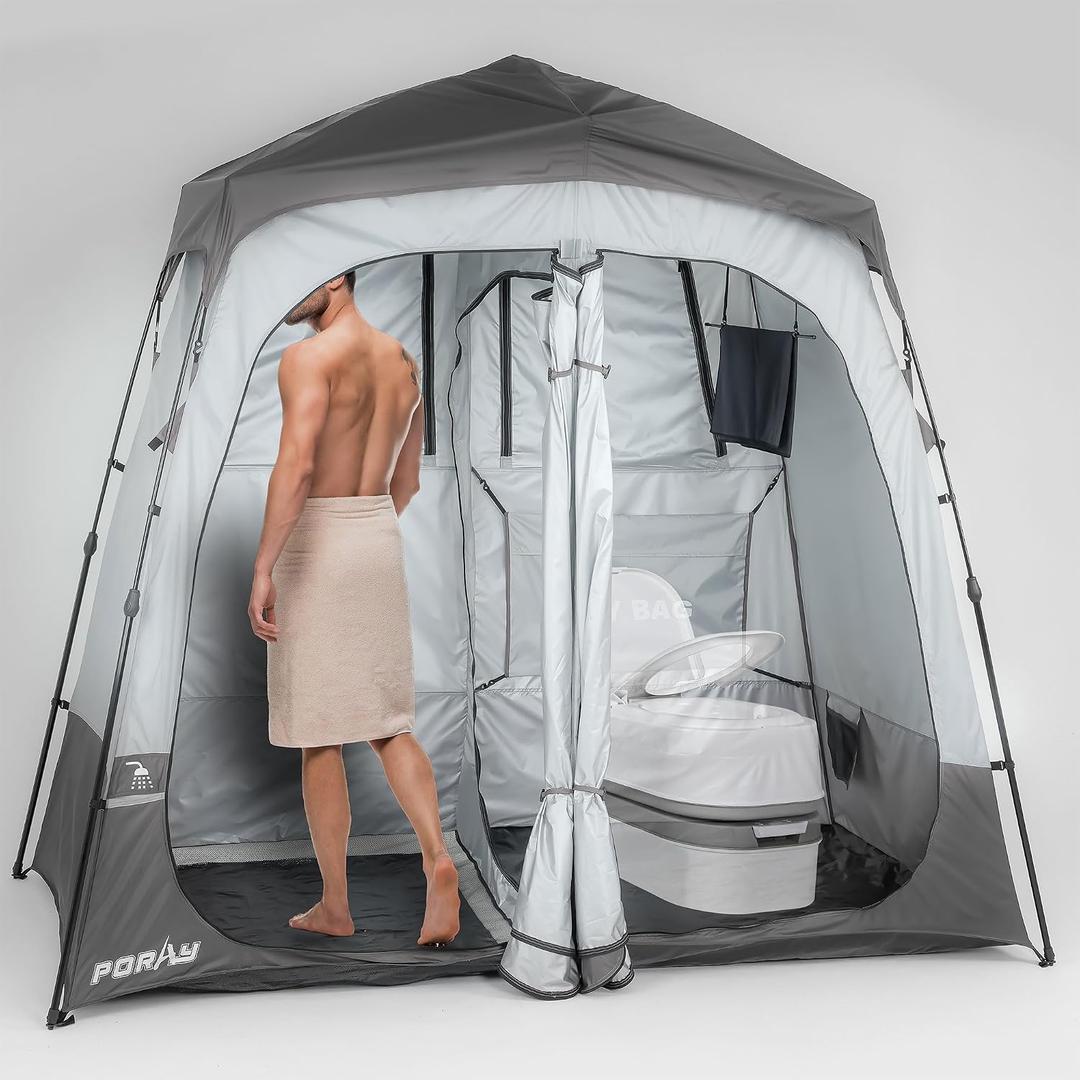 Porayhut Camping Shower Tent Deluxe Changing Room Easy Set Up Privacy Shelter,Large Toilet Tent with Floor Drain Design for Beach, Camping,Hiking with Stakes and Ropes for Stability