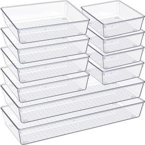 Criusia Drawer Organizer, 9 Pack Large Clear Plast Set, 3 Size Versatile Bathroom and Vanity Organizer Trays, Storage Bins for Makeup, Bedroom, Kitchen Utensils