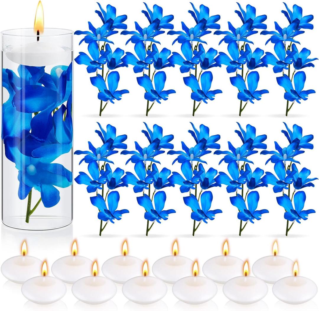 Juexica 28 Pieces Floating Flowers for Centerpieces Blue Orchid Flowers Vase Fillers Unscented Floating Candles for Wedding Table Party Home Decoration