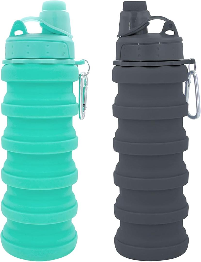 Collapsible Water Bottles Travel water bottle Sports Portable Sport Water Bottle Reusable Water Bottles comes with mountaineering Buckle 500ml silicone Water-proof camping water bottle (Green+Grey)