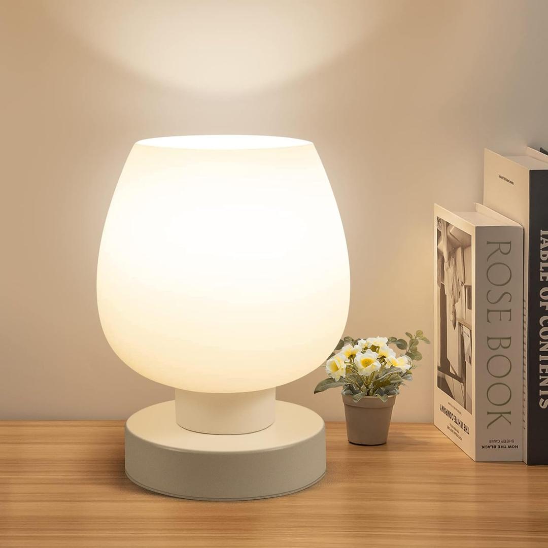 Touch Bedside Table Lamp - Modern Small Lamp for Bedroom Living Room Nightstand, Desk lamp with White Opal Glass Lamp Shade, Warm LED Bulb, 3 Way Dimmable, Simple Design (Non-USB)