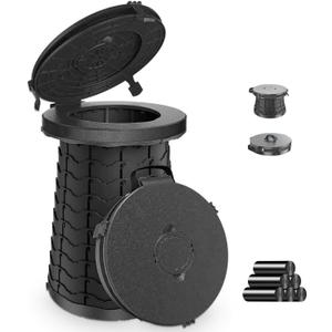 XXL 19.7"H Adjustable Foldable Portable Camping Toilet, Luggable Loo with Lid, Strap,Toilet Bag for Camping, Hiking, Travel and Car (Black)