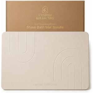 Custom Kollective Stone Bath Mat Ritual Bundle Diatomite Quick Dry Bath Mat for Bathroom, Stone Drying Mat, Non-Slip Pad, Brush, Polishing Pad & Storage Bag (Grounding Sandstone), 23.6" x 15.4"