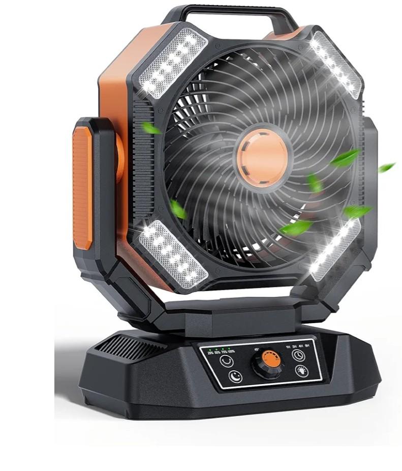 MORIKO 40000mAh Rechargeable Camping Fan,Battery Operated Portable Tent Fan with LED light,  Hook, 270°Pivot, Stepless Speed-Ideal for Camping, Picnic, Barbecue, Jobsite
