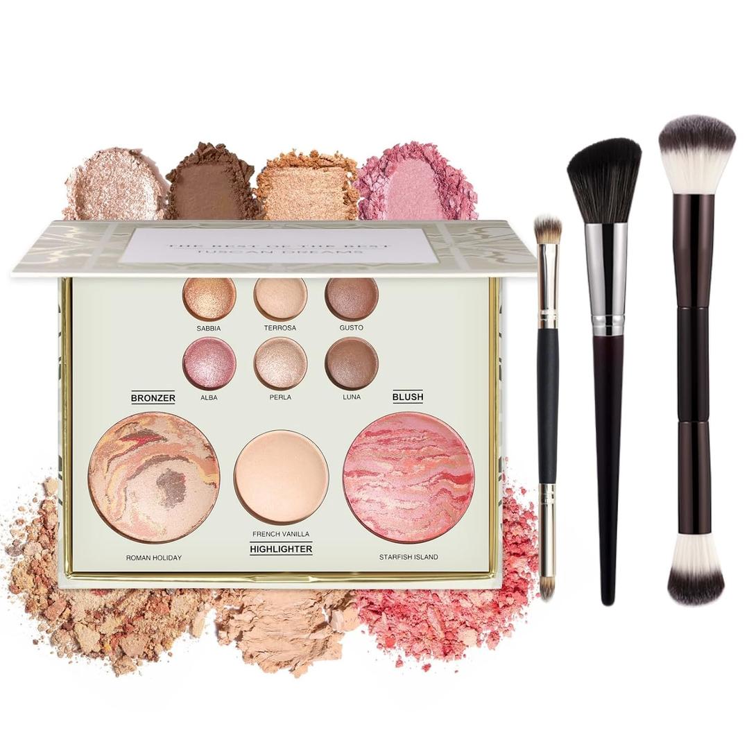 All in One Baked Makeup Face Palette Set - Includes 6 Eyeshadows, Bronzer, Blush, Highlighter & Brushes, Shimmer & Matte Shades, Highly Pigmented & Long-Lasting - Full Size Makeup Set