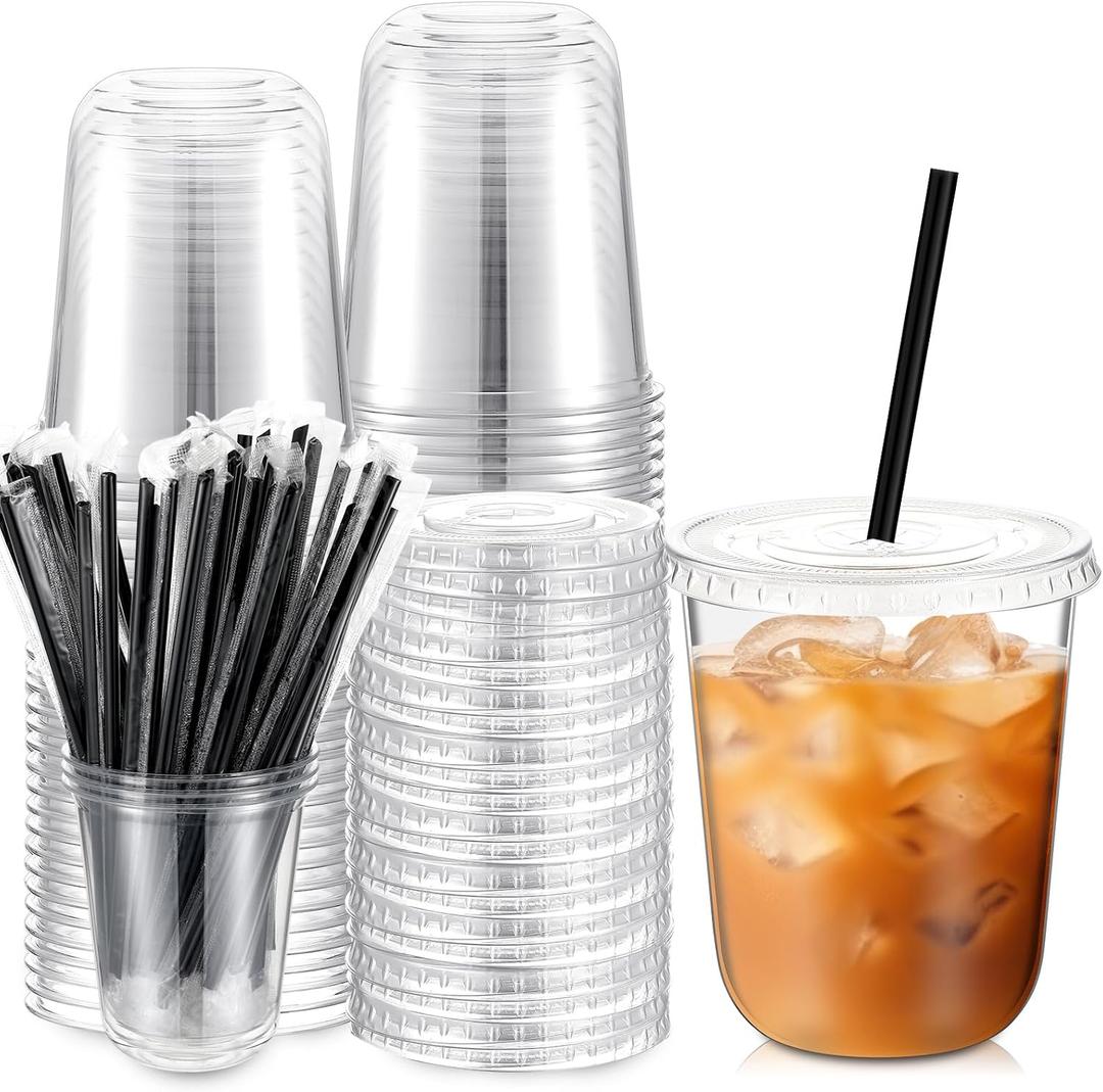 Ziliny 50 Set Clear Plastic Cups with Lids and Straws, Disposable Iced Coffee PET Cups for Drinking Cold Beverage Juice Parfait Smoothie Milkshake Coffee Shops Party Supplies (14 oz)