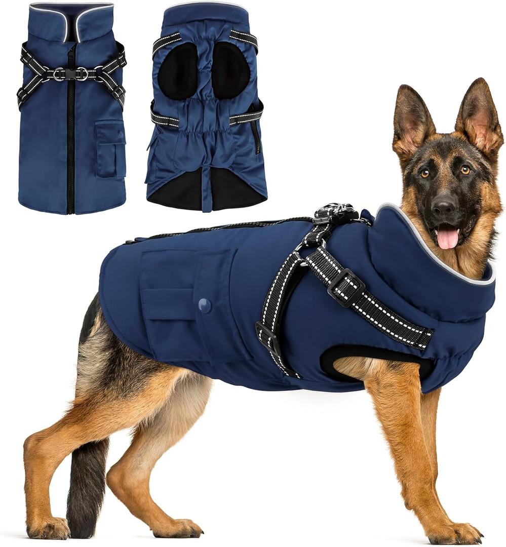 Dog Winter Coat with Harness Built-in | Waterproof Dog Jacket with Zipper & Fleece Lining | Reflective Cold Weather Coat for Small Medium Large Dogs (Navy Blue), Size: XX-Large