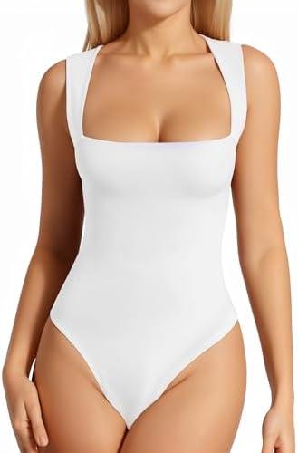 MANGOPOP Women's Square Neck Tank Top Bodysuit Sexy Double Lined Sleeveless Thong Body Suits Going Out Tops.S