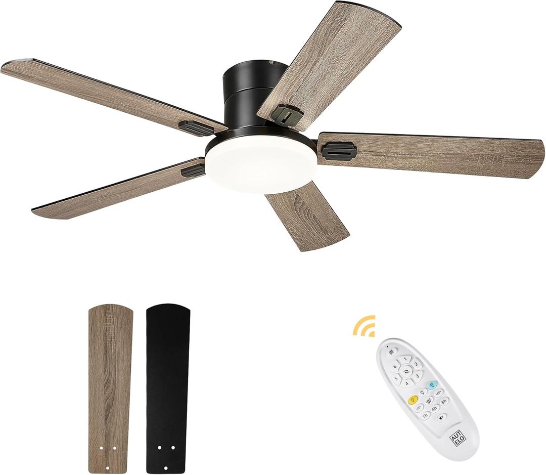 AUTELO 52" Ceiling Fans with Lights, Farmhouse Low Profile Ceiling Fan with Light and Remote, 3CCT 24W Flush Mount Ceiling Fan with 5 Blades and Reversible DC Motor for Living Room, F3698 BK (Black)