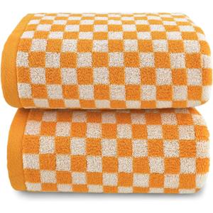Jacquotha Orange Shower Towels for Bathroom Set of 2, Cotton Bath Towel Drying Body Hand Face Luxury 480 GSM Medium Thickness (Checkered), Fall Decor