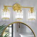 Crystal Bathroom Light Fixtures, Bathroom Lighting Fixtures Over Mirror, Modern 3-Light Gold Vanity Lights for Mirror, Restroom, Kitchen(Ceramic E26 Socket,Bulbs Not Include)