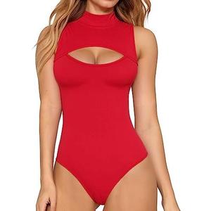 MANGOPOP Women's Mock Neck Cutout Front Bodysuit Long Sleeve Sleeveless Turtle Neck Body Suits Sexy Tops XXL
