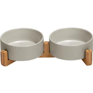 SPUNKYJUNKY Ceramic Dog and Cat Bowl with Wood Stand Non-Slip Matte Glaze Weighted Food Water Set for Cats &Small Dogs 13.5OZ (1.7 Cups, Grey  2)