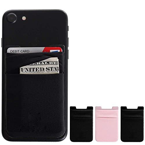 Cell Phone Stick on Wallet, Credit Card & Business Card & Id Holder (3 Packs) Compatible with iPhone, Android and Most Smartphones (Black+Black+Pink) Pack of 5