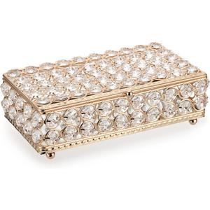 ELLDOO Crystal Jewelry Box Rectangle Trinket Organizer Earrings Rings Box Treasure Box Storage Home Decor Accent Decorative Box with Lid for Valentine Wedding Christmas Birthday Gift, Gold