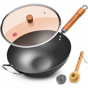 WANGYUANJI 13.4 Inch Carbon Steel Wok Pan with Glass Lid, Flat Bottom Chinese Stir Fry Wok for Induction, Gas and Electric Stoves, Uncoated Iron Wok for Stir Frying, Sauting and Deep Frying