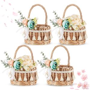 Thyle 4 Pcs Rattan Woven Flower Basket for Wedding Handwoven Rustic Wicker Floral Storage Basket with 4 Pcs Artificial Flowers Decorative and Handle for Home Wedding Birthday Decor