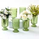 6 Pcs (H:7" W:4") Embossed Flower Vase Pedestal Glass Vase Big Base Thickened Crystal Vintage Vases for Valentines Day Wedding Home Decor Table Centerpiece House Warming Gifts(Green)