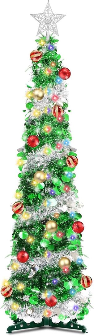 5 Ft Pop Up Christmas Tree Tinsel Dual Color Change Timer 4 Modes DIY 60 Warm White & Colored Lights 15 Christmas Ball Ornament 3D Star Battery Operated Pencil Xmas Slim Tree Home Indoor Holiday Decor
