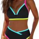 popvil 2 Piece Swimsuit for Women Neon High Waisted Bikini Sets | Adjustable straps V Neck Bathing Suits;high cut swimwear; great for summer, beach&pool (Black, XL)
