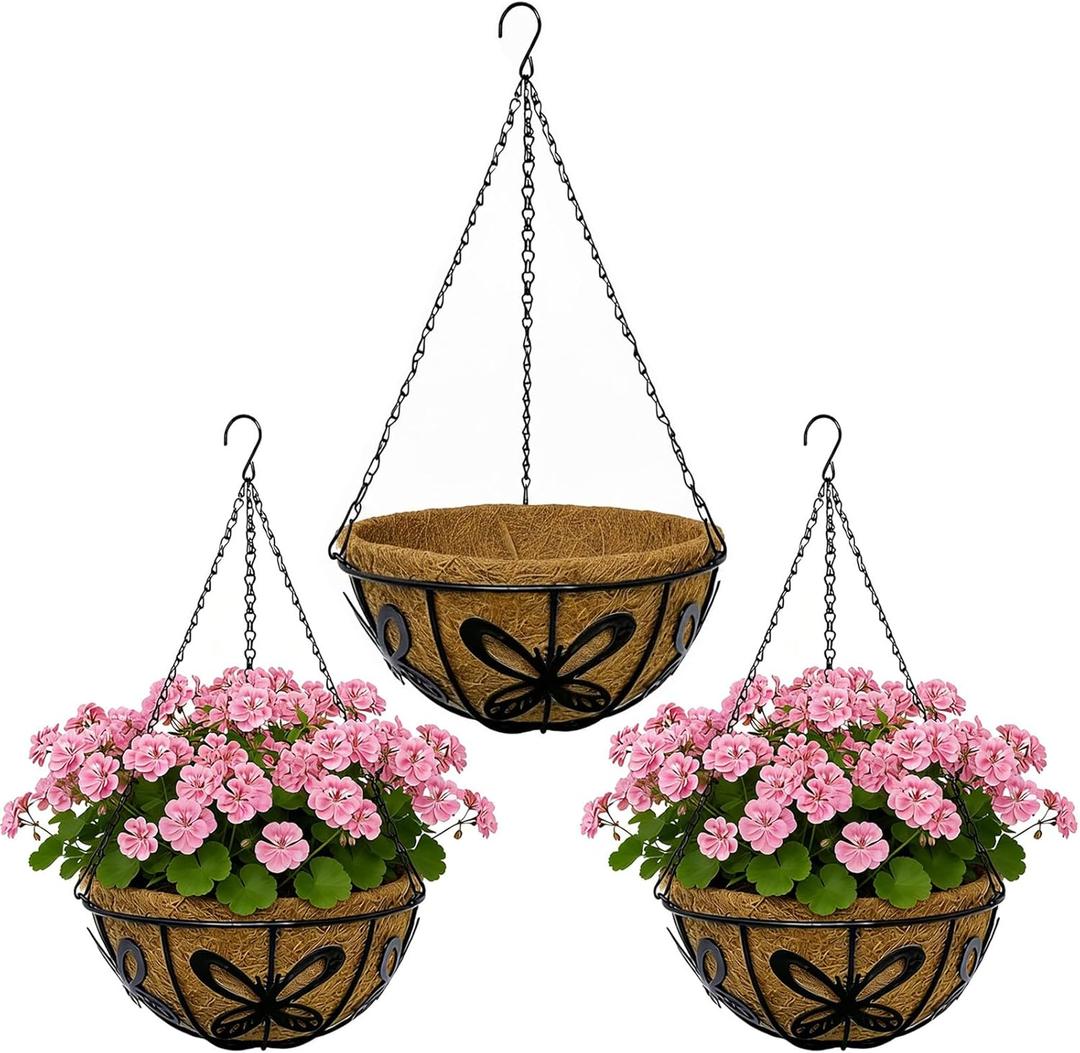 14 Inch Hanging Baskets for Plants Outdoor, 3 Pack Metal Wire Hanging Planters with Coco Coir Liners, Rust-Resistant Flower Basket with Chains & Hooks for Garden Patio Porch Deck Balcony