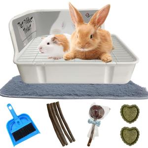 Rabbit Litter Box for Cage Corner Bunny Toilet Small Animal Potty Training with Dustpan Broom Chew Toys for Chinchilla Ferret Hedgehog Gerbil (10 Pcs) (White)
