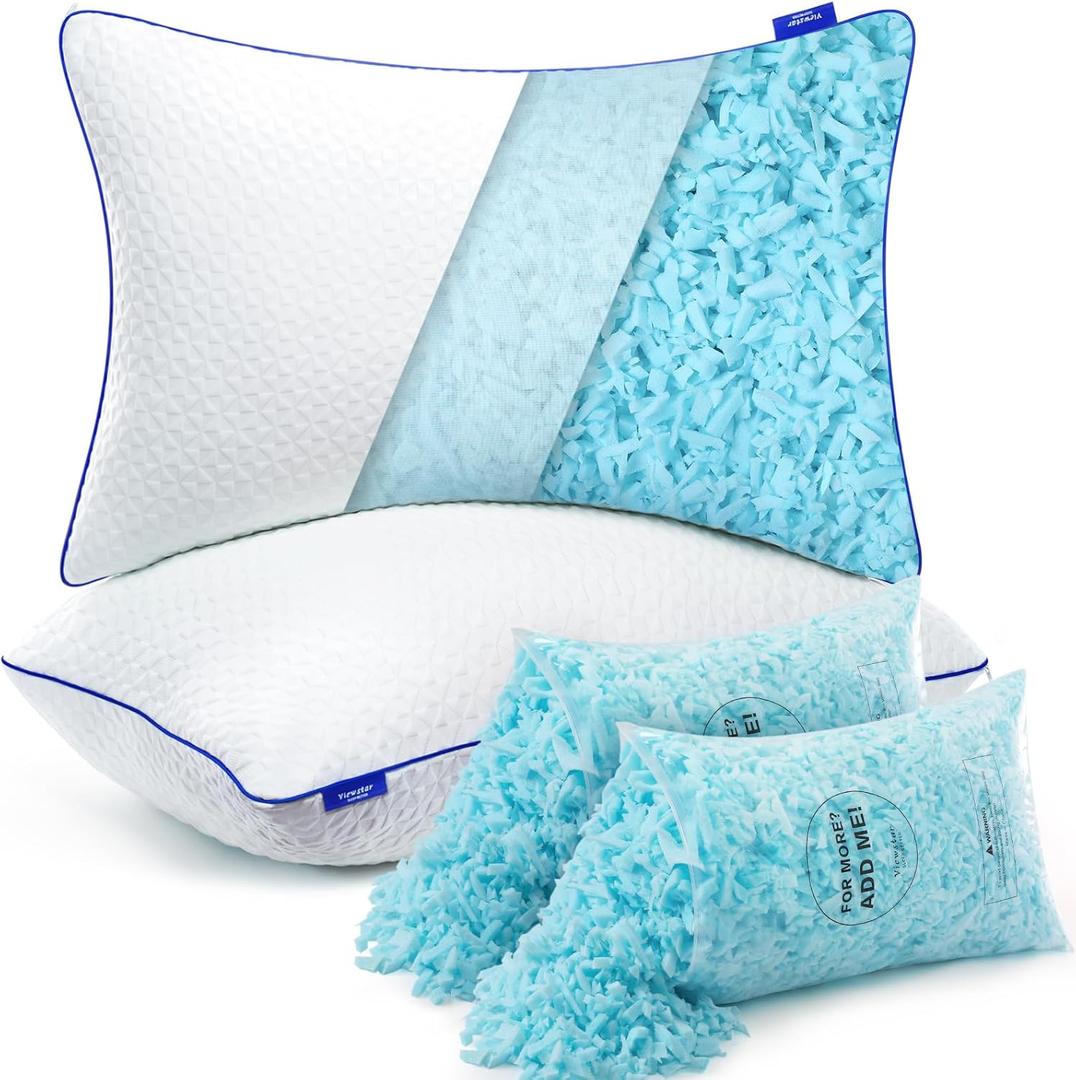 viewstar Memory Foam Pillows Queen Size Set of 2, Adjustable Firm Pillows for Side Back Stomach Sleepers, Shredded Gel Pillows for Sleeping 2 Pack with Washable Removable Cover 19"x 28"