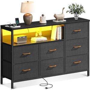 AODK Dresser with LED Lights and Charging Station, 52-Inch Long Dresser for Bedoom with 7 Large Storage Drawers, Fabric Dresser TV Stand with Open Shelves, Dark Grey