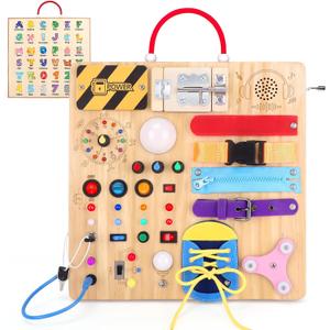 Busy Board,Montessori Toys for 1-3 Years Old, Wooden Toddler Toys, Autism Sensory Travel Toy, Ideal Gift for 1+ Year Old Boys (Busy Board Plus v3)