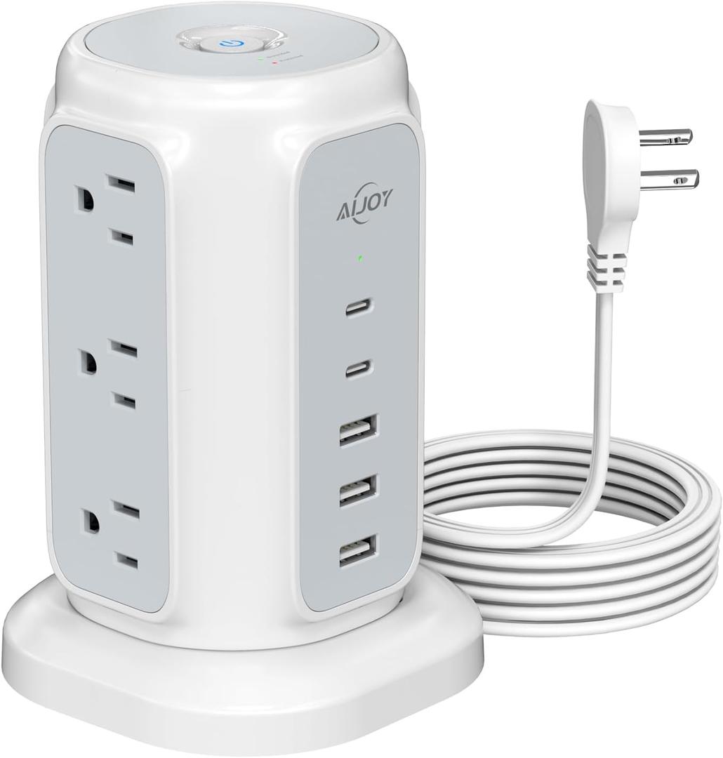 AiJoy Flat Plug Power Strip Tower 9 Outlets and 5 USB Ports (2 USB-C), 1200J Surge Protection, 6.5ft 1625W Extension Cord Charging Station for Home, Office Supplies, Dorm Essentials (White)