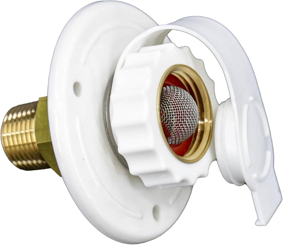 RV Water Inlet Connection City Water Fill Inlet Flange Brass with Check Valve RV Water Hose Connector Replacement 1/2" NPT Male City Water Fill Flange City Water Hookup for Camper (White)