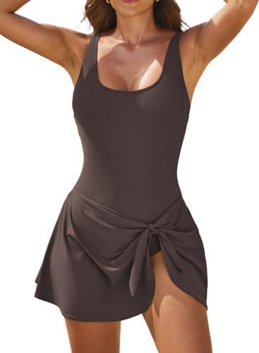 Aleumdr Womens Skirted Swimsuits Tummy Control One Piece Bathing Suits Modest Full Coverage Plus Size Swimdress Swimwear Coffee XX-Large