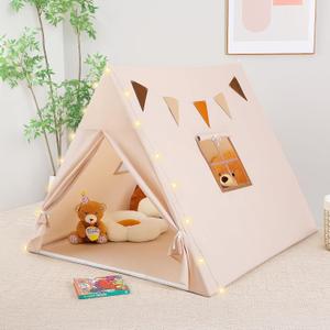 Kids Tent Indoor with Star Lights and Flags - Play Tent for Kids Ages 4-8, Toddler Playhouse for Girls Boys, Khaki