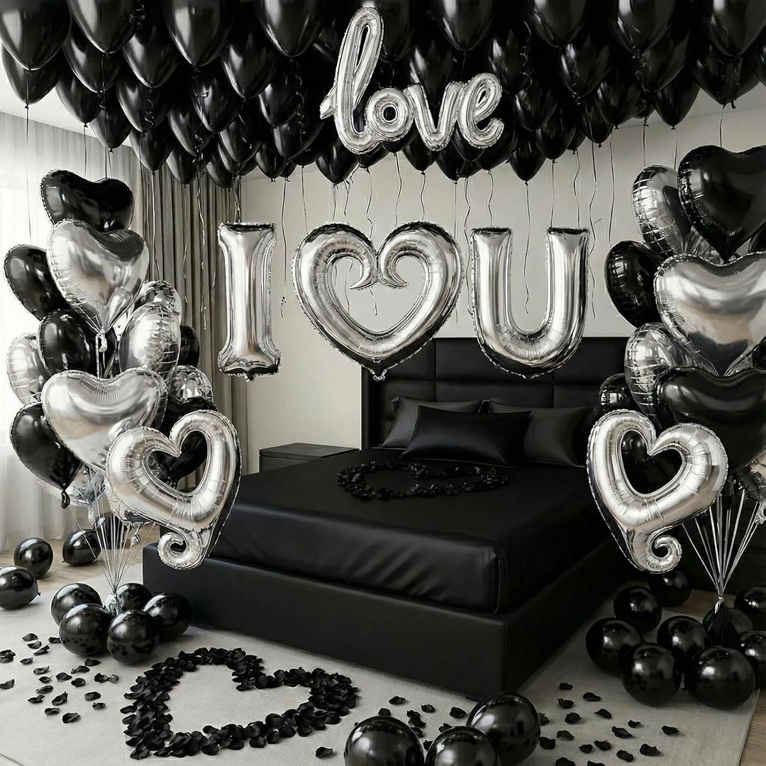 I Love You Balloons for Him/Her Balloons black Sliver romantic balloon kit with black Sliver +heart mylar balloons rose petals for hotel Decorations Valentines Party wedding anniversary supplies